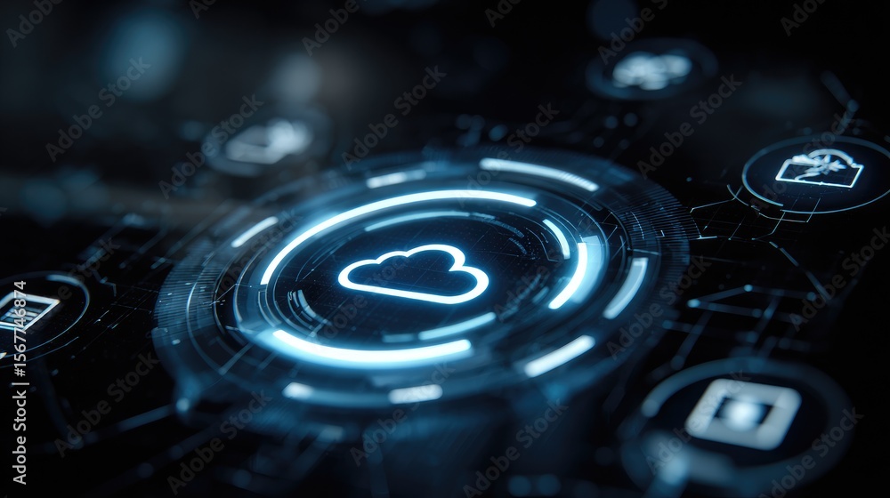 Aufkleber holographic cloud computing interface with icons for data, apps, and storage