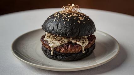 dark hamburger on plate