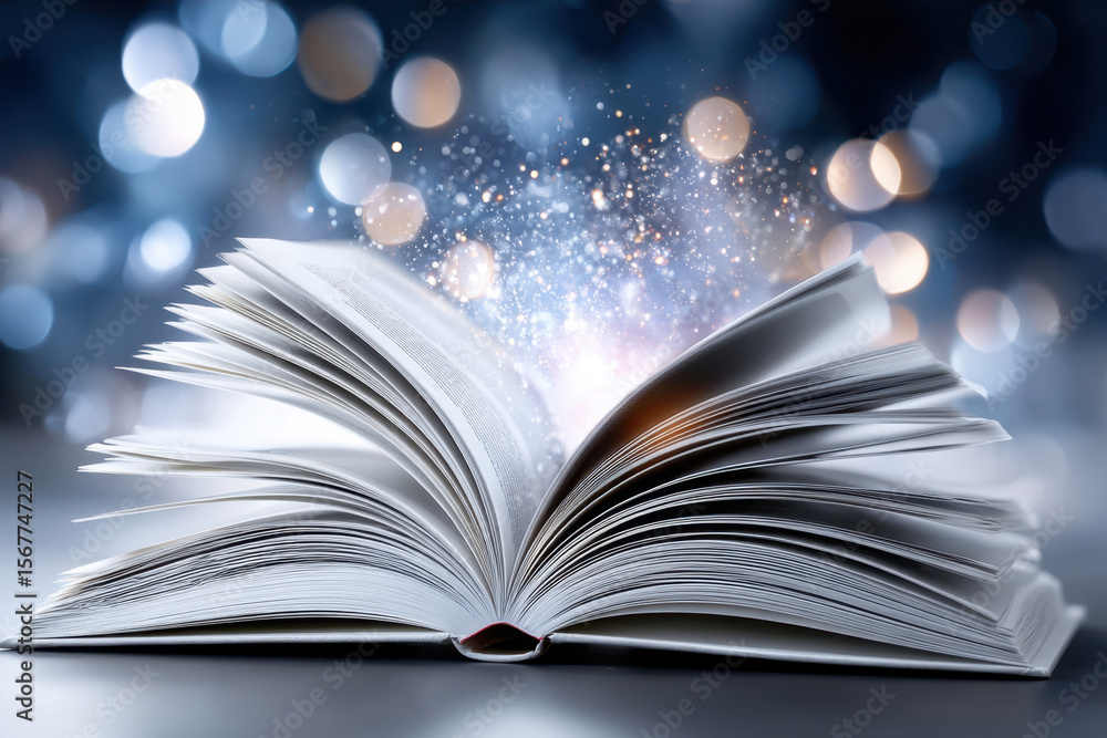 Poster magic emanates from an open book with sparkling lights creating an enchanting atmosphere