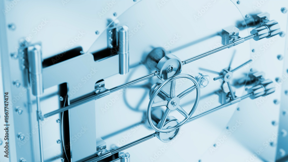 Aufkleber displaying a complex vault door locking mechanism with multiple bolts, levers, and a prominent circu
