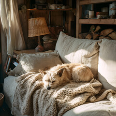 A small dog sleeps peacefully on a cozy sofa in a rustic living room. A white dog sleeping on a sofa on a blanket in the living room. The atmosphere of a rustic interior and life.