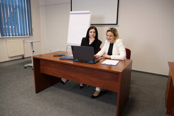 Two women discussing business issues, analyzing information.