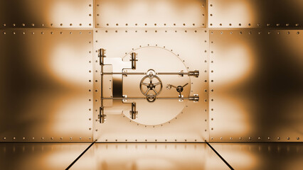 Round vault door with closing mechanism, ensuring the safety and security of valuable assets within a secure room, symbolizing impenetrable protection and financial security