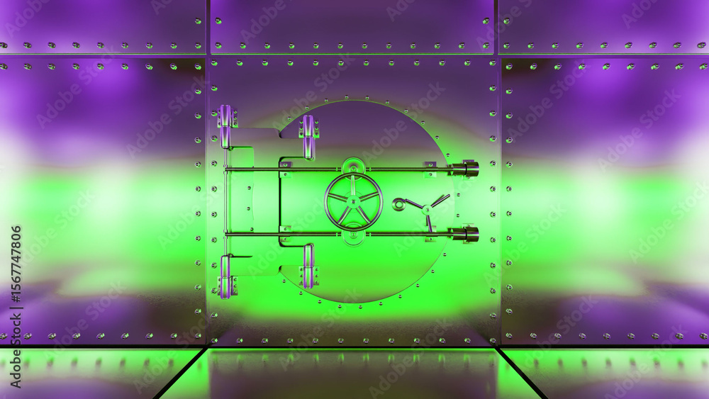 Poster round vault door with combination wheel is lighting up a green and purple background in a metallic r