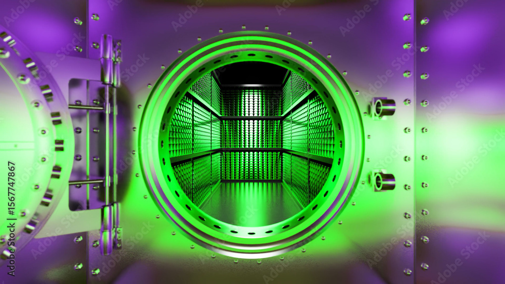 Aufkleber large open metallic round vault door showing a bright green light emanating from inside the vault, c