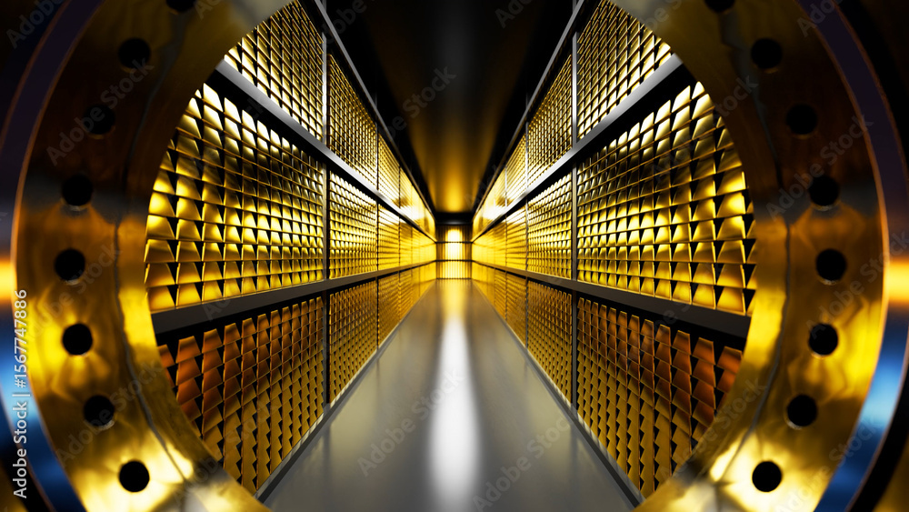 Aufkleber rows of gold bars are neatly stacked on shelves inside a secure bank vault, viewed through an open c
