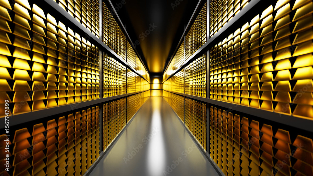 Poster countless gold bars are neatly arranged on shelves within a secure bank vault, creating a striking v