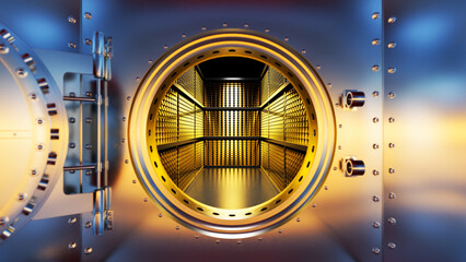 Open round vault door revealing gold bars stacked on shelves inside, symbolizing security, wealth, and financial success in banking and investment