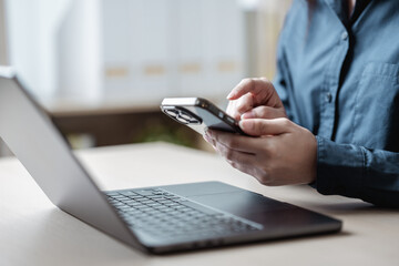 Using smartphone social media concept. Mobile internet banking. Typing online community post, Chat, Comment. Online shopping payment. Artificial intelligence technology.