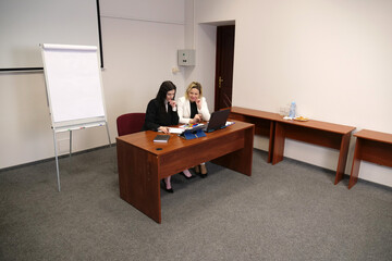 Two women discussing business issues, analyzing information.