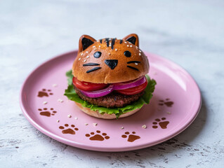 Cute Cat Face Burger On Pink Paw Print Plate. Creative Food Art