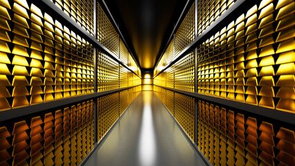 Countless gold bars are neatly arranged on shelves within a secure bank vault, creating a striking visual representation of wealth, investment, and financial security © MIKHAIL