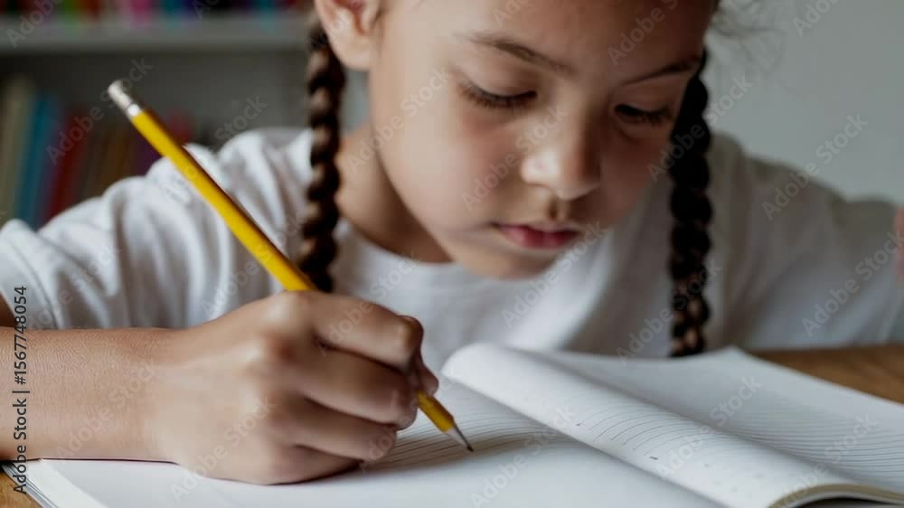 Poster Elementary school student carefully writing in notebook, displaying intense concentration while seated at desk, focused on academic task in quiet classroom learning environment
