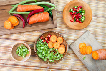 fresh vegetables on bamboo mat