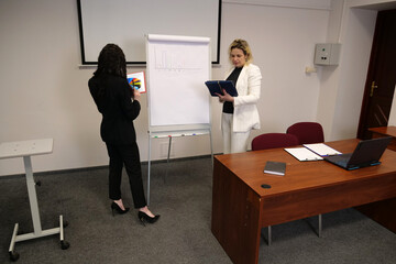 Two women discussing business issues, analyzing information.
