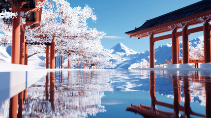 Traditional Oriental Temple Surrounded by Snow and Cherry Blossoms, Reflected on Calm Water with Majestic Mountains in the Background