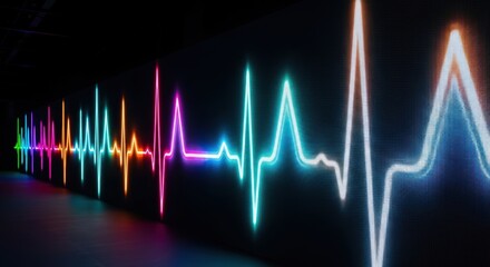 Colorful neon audio visualizer display with pulsating light waves in dark room