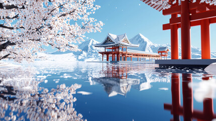 Traditional Oriental Temple Surrounded by Snow and Cherry Blossoms, Reflected on Calm Water with Majestic Mountains in the Background