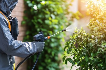 A professional spraying pesticide along the perimeter of a house to prevent ants and cockroaches with copy space. Bright even lighting. 