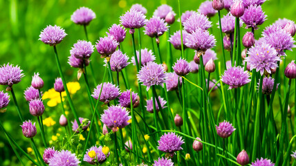 Obraz premium A close-up photograph of purple chive flowers in full bloom against a vibrant green background