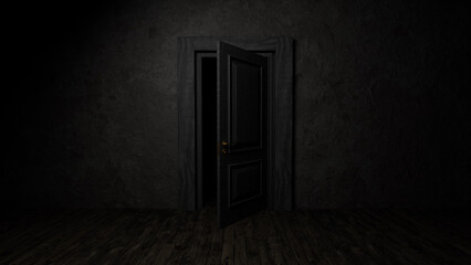 Open black door revealing a dark, mysterious space in an empty room with a wooden floor, creating an atmosphere filled with suspense and intrigue, inviting exploration of the unknown