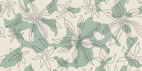 Hand drawn plant elements, flowers and leaves, seamless pattern, vector design