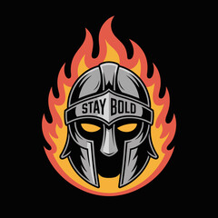 Warrior helmet with flames and stay bold text inspiring courage and strength