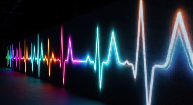 Colorful neon audio visualizer display with pulsating light waves in dark room