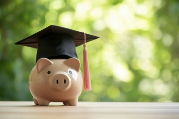 A graduation cap placed on a piggy bank, symbolizing education savings and sponsorship with copy space. Soft diffused lighting. 