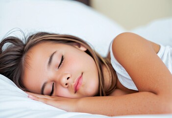 Obraz premium Portrait of a little girl sleeping on a clean white bed with copy space