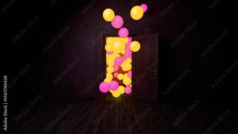 Poster bright yellow and pink spheres bursting from an open door in a dark room, creating a surreal and mys