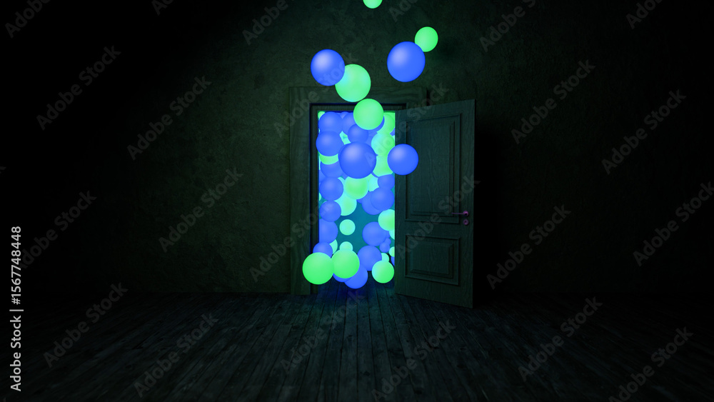 Poster bright blue and green spheres are floating from an open door in a dark room with wooden floor and te
