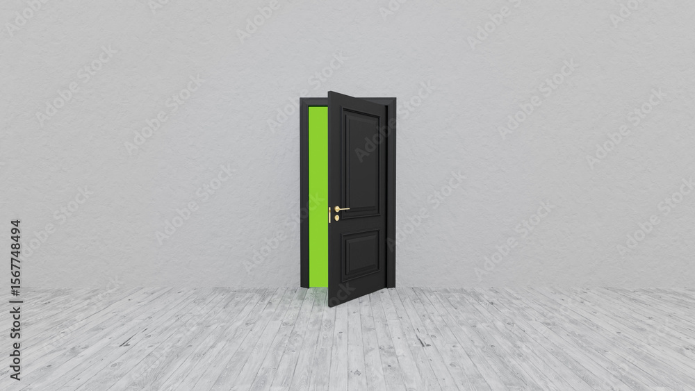 Poster black door opening to a vibrant green screen backdrop in a room featuring a wooden floor, creating a