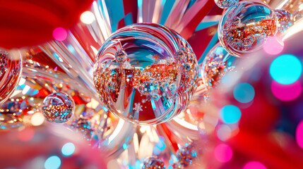 Abstract Shiny Spheres and Neon Light Reflections, Creating a Surreal and Colorful 3D Visual Environment with Dynamic Light Play