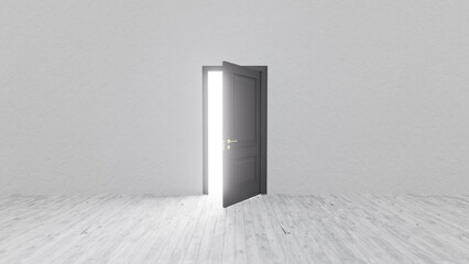 Slightly open gray door letting a bright white light shine into empty room with white wooden floor and gray wall, creating a concept of hope, opportunity, and new beginnings