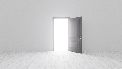 Bright light streaming through an open door illuminates an empty room with wooden floors, evoking a sense of mystery and hope, and inviting thoughts of new beginnings and endless possibilities