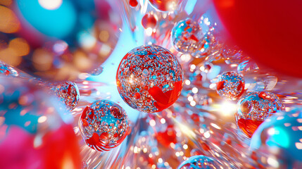 Abstract Shiny Spheres and Neon Light Reflections, Creating a Surreal and Colorful 3D Visual Environment with Dynamic Light Play