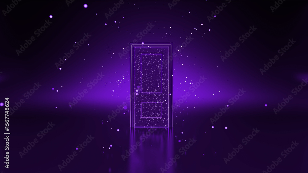 Poster shimmering, purple doorway floats in a dark space filled with glowing particles, creating a surreal 