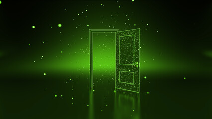 Open door made of green glowing particles symbolizes opportunity, new possibilities, and access in digital world, creating a futuristic and hopeful atmosphere