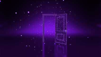 Glowing digital particles forming an open door in a dark purple space, symbolizing new opportunities, beginnings, and the potential of the digital world