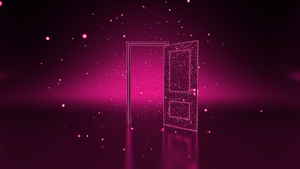 Pink glowing particles creating an open door against a dark pink background, representing opportunity, new possibilities, and the expansive digital world filled with hope and innovation