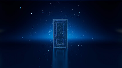 Digital door glowing in dark blue environment with bright particles floating around, representing new opportunities, beginnings, and access to digital world