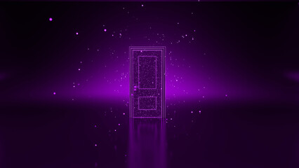 Glowing purple doorway floating in a field of sparkling particles, symbolizing opportunity, new beginnings, and the potential for exciting possibilities