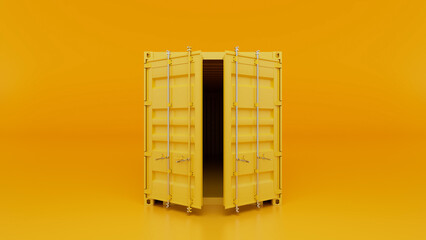 Yellow metal cargo container with open doors revealing a dark interior, contrasting against a vibrant orange backdrop, symbolizing global trade and logistics