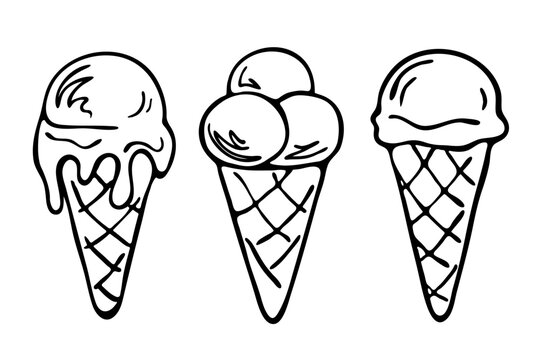 Hand drawn ice cream in waffle cone, doodle sketch isolated on white. One melted ice ball in waffle cone and three gelato scoops. Black and white line drawing. Vector clipart.
