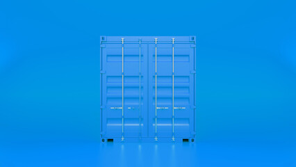 Closed blue shipping container positioned against a blue background, illustrating themes of global trade, logistics, and the transportation of goods across various markets and industries
