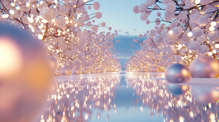 Magical Winter Wonderland with Snow-Covered Trees and Golden Ornaments, Illuminated by Bright Festive Lights Creating a Serene Christmas Atmosphere