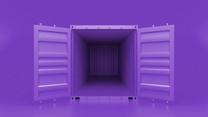 Open purple intermodal container standing on a purple floor against a purple background, creating a monochromatic and minimalist composition, ideal for logistics and shipping concepts