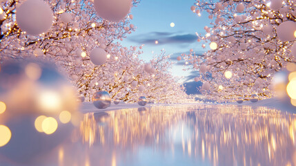 Magical Winter Wonderland with Snow-Covered Trees and Golden Ornaments, Illuminated by Bright Festive Lights Creating a Serene Christmas Atmosphere