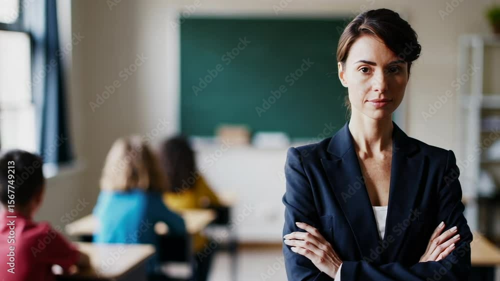 Aufkleber Female educator standing confidently with crossed arms, supervising classroom setting while students sit attentively at desks during academic learning environment